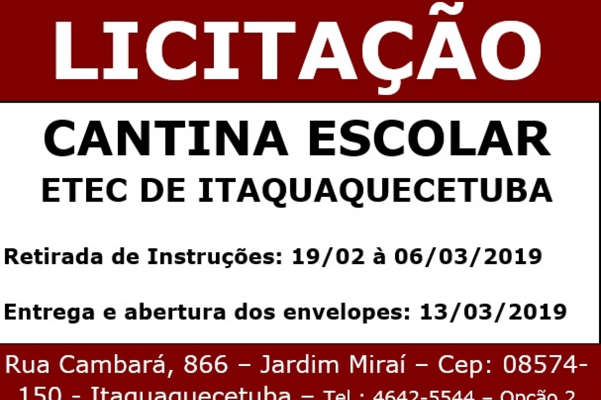 Está aberta a licitação para a cantina da Etec de Itaquaquecetuba