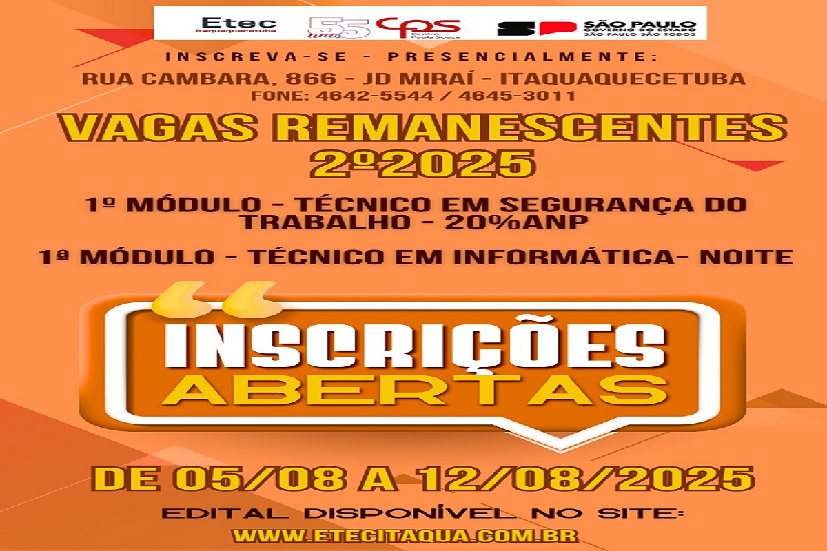 Abertas as inscrições para vagas remanescentes - 2º Semestre de 2025